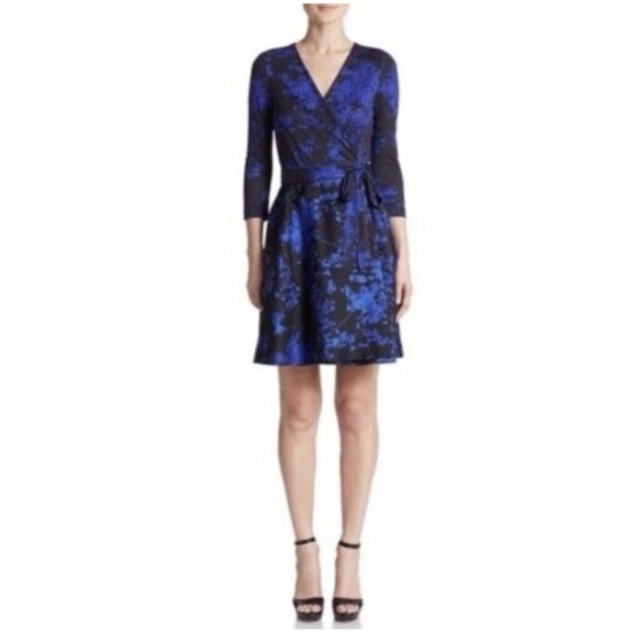 DVF Diane Von Furstenberg Valerie Wrap Dress 6 Small Blue Black Wool Silk Cotton - Picture 14 of 16